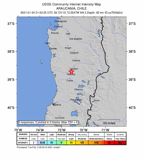 USGS DYFI community-reported intensity map for the M4.3 earthquake near 4 km ENE of Temuco, Chile