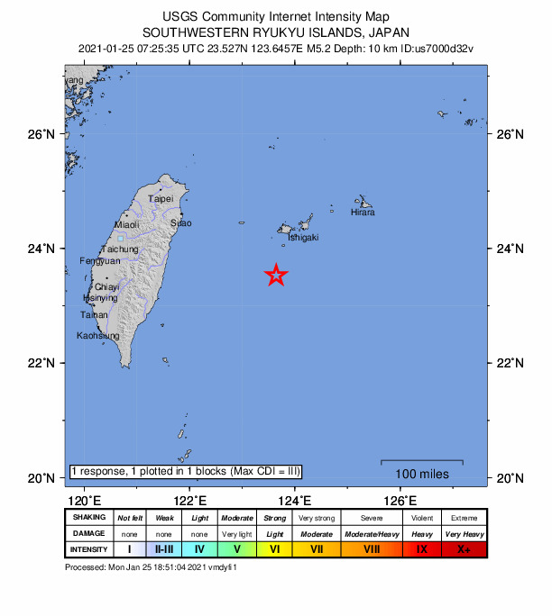 USGS DYFI community-reported intensity map for the M5.2 earthquake near 113 km SSW of Ishigaki, Japan