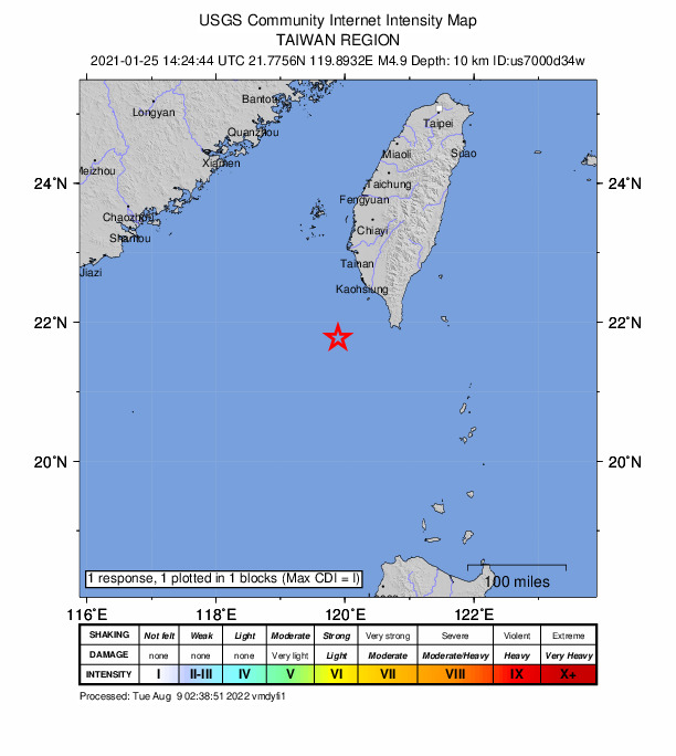 USGS DYFI community-reported intensity map for the M4.9 earthquake near 91 km WSW of Hengchun, Taiwan