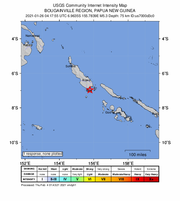 USGS DYFI community-reported intensity map for the M5.3 earthquake near 78 km SSE of Panguna, Papua New Guinea