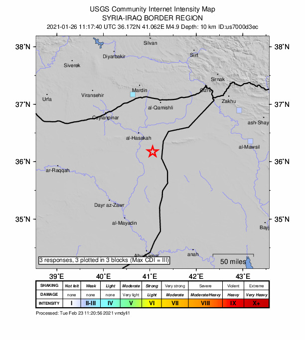 USGS DYFI community-reported intensity map for the M4.9 earthquake near 46 km SE of Al ?asakah, Syria