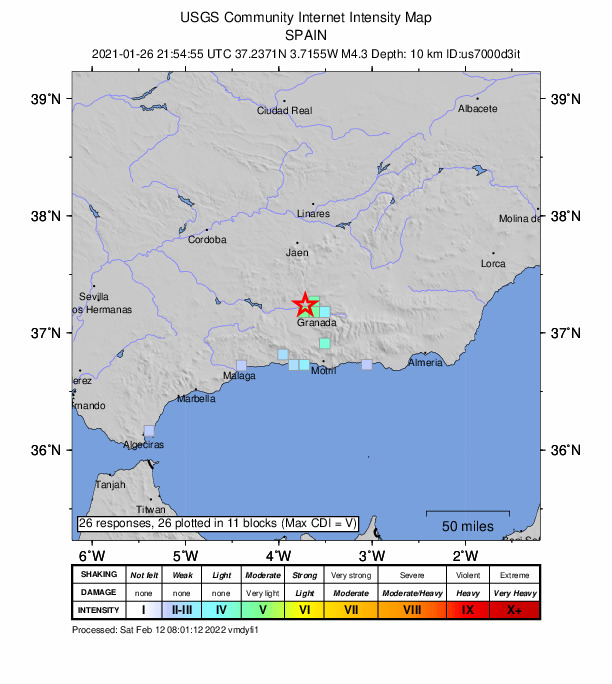 USGS DYFI community-reported intensity map for the M4.3 earthquake near 2 km WNW of Atarfe, Spain