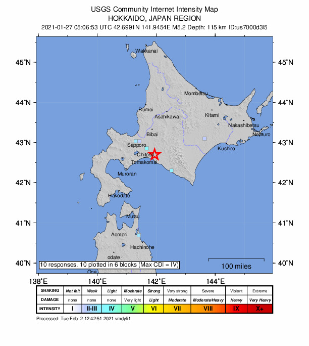 USGS DYFI community-reported intensity map for the M5.2 earthquake near 27 km ESE of Chitose, Japan