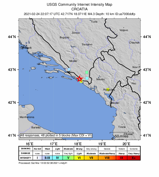 USGS DYFI community-reported intensity map for the M4.3 earthquake near 4 km NNW of Mokošica, Croatia