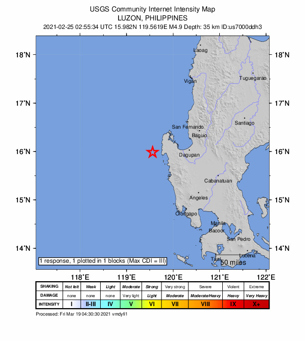 USGS DYFI community-reported intensity map for the M5.0 earthquake near 19 km W of Ilioilio, Philippines