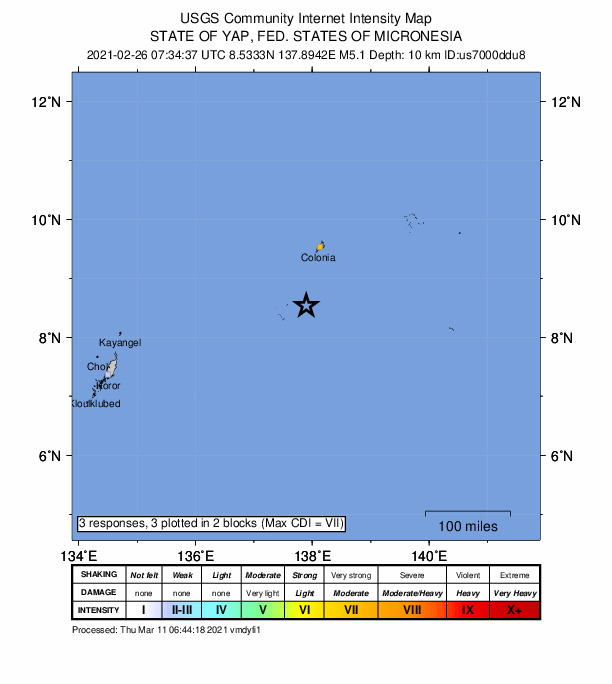 USGS DYFI community-reported intensity map for the M5.1 earthquake near 112 km SSW of Colonia, Micronesia