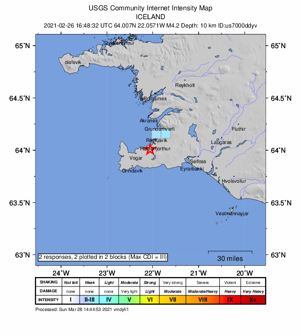 USGS DYFI community-reported intensity map for the M4.2 earthquake near 8 km SW of Hafnarfjörður, Iceland