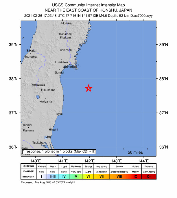 USGS DYFI community-reported intensity map for the M4.6 earthquake near 89 km ENE of Namie, Japan
