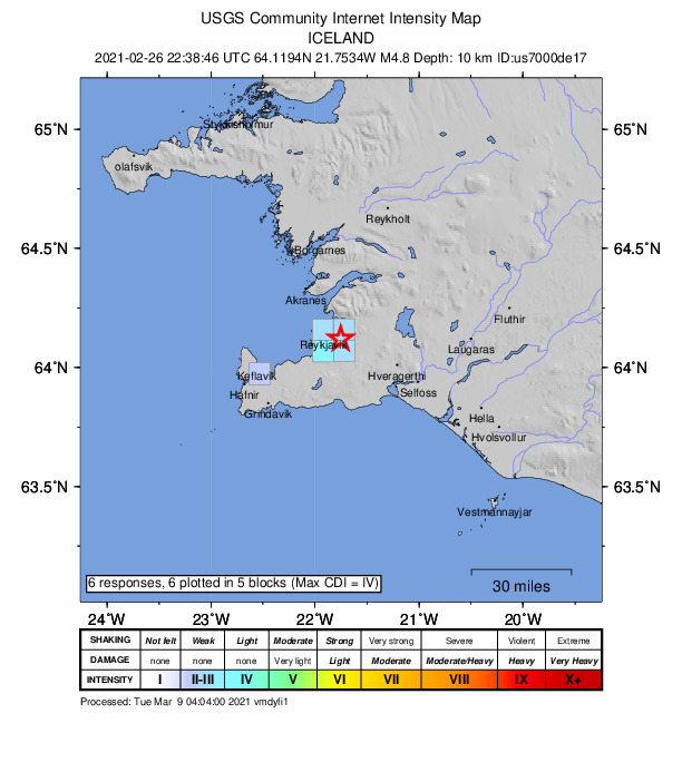 USGS DYFI community-reported intensity map for the M4.8 earthquake near 5 km SSW of Mosfellsbær, Iceland