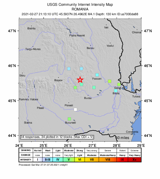 USGS DYFI community-reported intensity map for the M4.1 earthquake near 13 km NNE of Gura Teghii, Romania