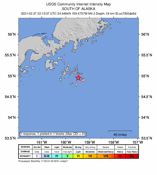 USGS DYFI community-reported intensity map for the M4.3 earthquake near 77 km ESE of Sand Point, Alaska
