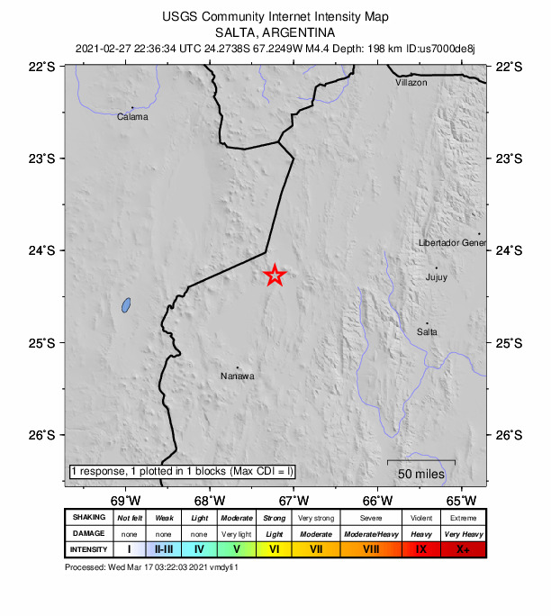 USGS DYFI community-reported intensity map for the M4.4 earthquake near 91 km W of San Antonio de los Cobres, Argentina