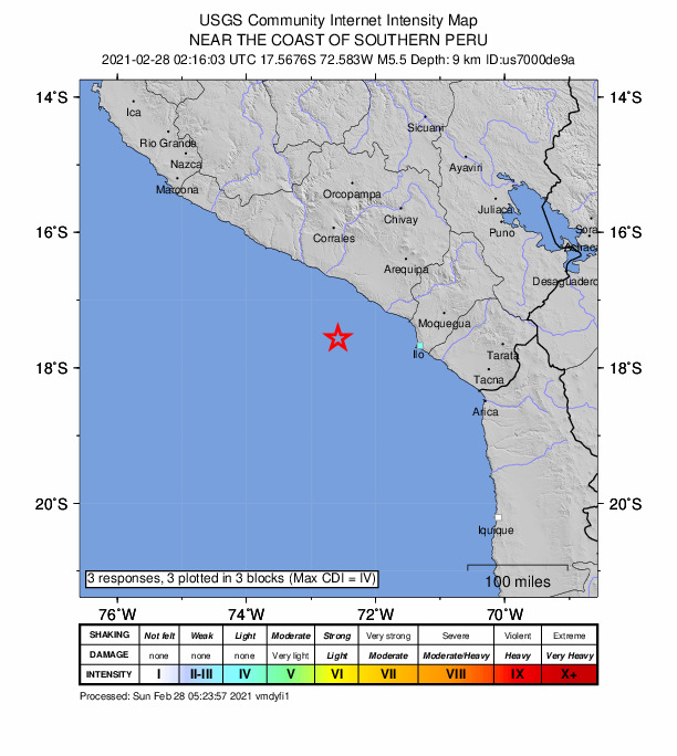 USGS DYFI community-reported intensity map for the M5.5 earthquake near 78 km SW of Islay (Matarani), Peru