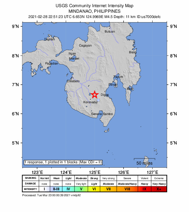 USGS DYFI community-reported intensity map for the M4.5 earthquake near 3 km NE of Telafas, Philippines