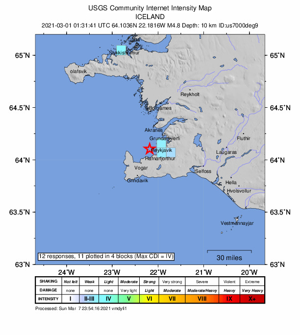USGS DYFI community-reported intensity map for the M4.8 earthquake near 8 km W of Álftanes, Iceland