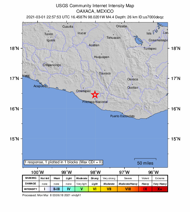 USGS DYFI community-reported intensity map for the M4.4 earthquake near 2 km WNW of Rancho Viejo, Mexico