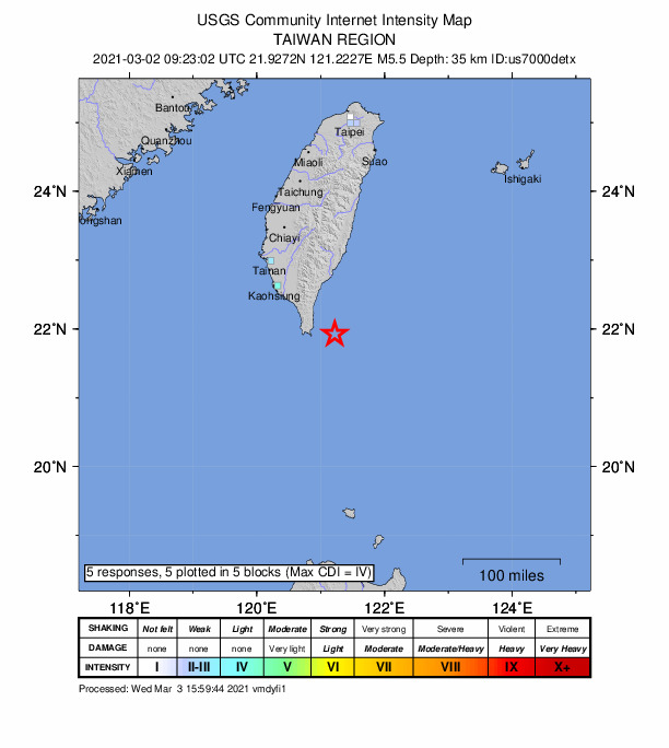 USGS DYFI community-reported intensity map for the M5.5 earthquake near 57 km E of Hengchun, Taiwan