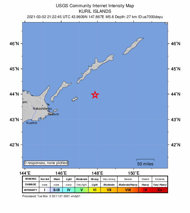 USGS DYFI community-reported intensity map for the M5.8 earthquake near 99 km ENE of Shikotan, Russia