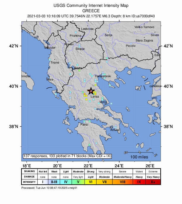 USGS DYFI community-reported intensity map for the M6.3 earthquake near 9 km W of Týrnavos, Greece