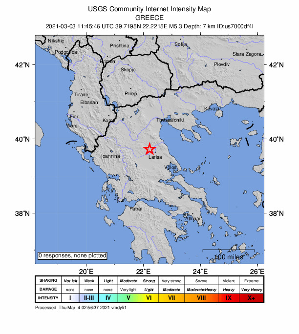 USGS DYFI community-reported intensity map for the M5.3 earthquake near 5 km WSW of Týrnavos, Greece