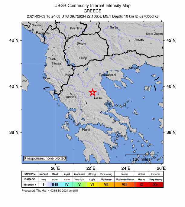 USGS DYFI community-reported intensity map for the M5.1 earthquake near 11 km NNE of Grizáno, Greece