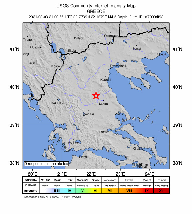 USGS DYFI community-reported intensity map for the M4.3 earthquake near 10 km SSW of Tsarítsani, Greece