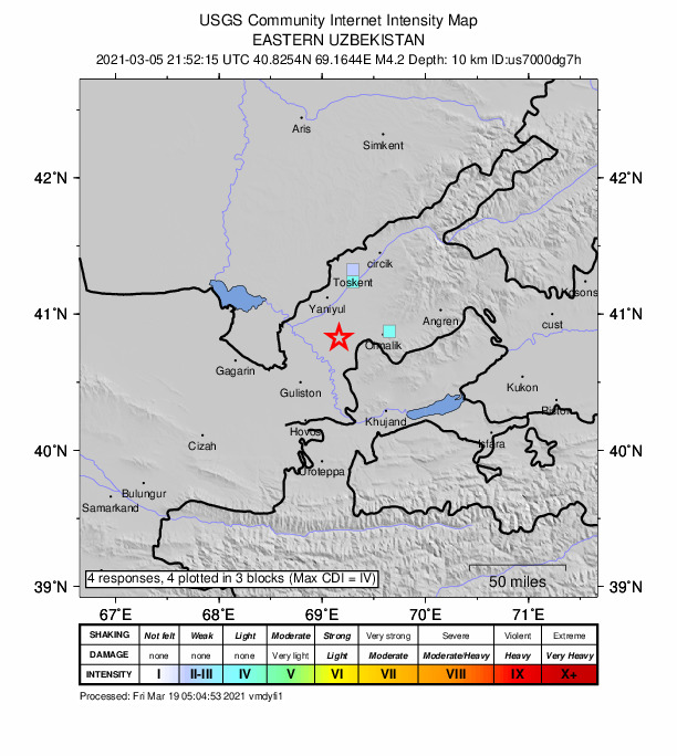 USGS DYFI community-reported intensity map for the M4.2 earthquake near 2 km WNW of Bo‘ka, Uzbekistan