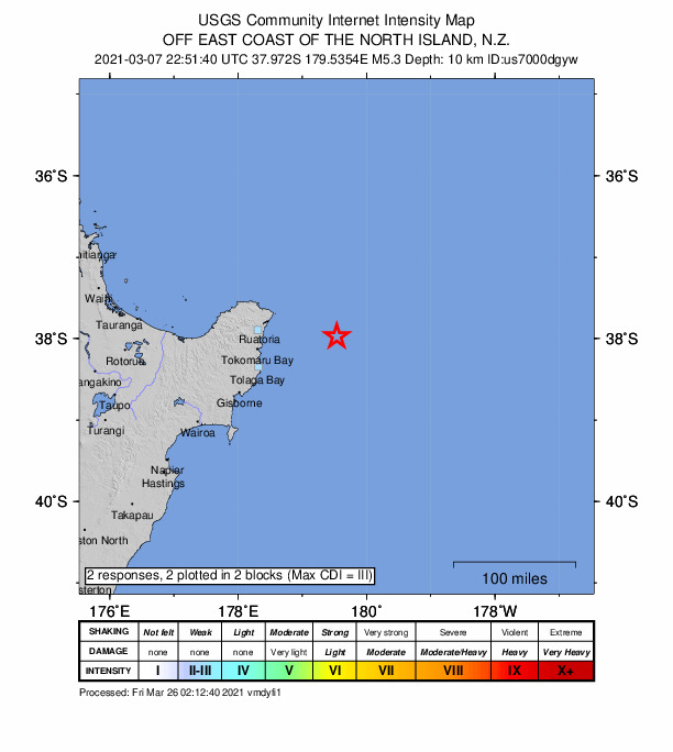 USGS DYFI community-reported intensity map for the M5.3 earthquake near 153 km ENE of Gisborne, New Zealand