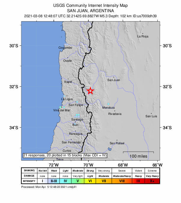 USGS DYFI community-reported intensity map for the M5.2 earthquake near 95 km NE of Los Andes, Chile