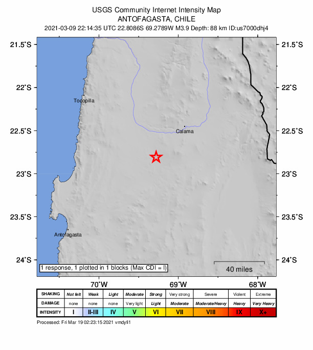 USGS DYFI community-reported intensity map for the M3.9 earthquake near 53 km SW of Calama, Chile
