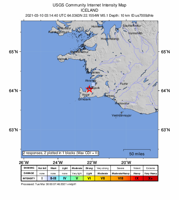 USGS DYFI community-reported intensity map for the M5.1 earthquake near 9 km SW of Álftanes, Iceland