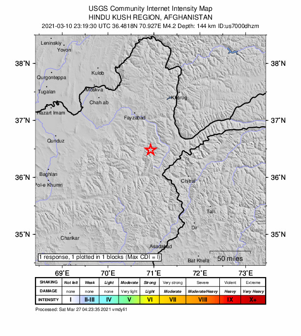 USGS DYFI community-reported intensity map for the M4.2 earthquake near 43 km S of Jurm, Afghanistan