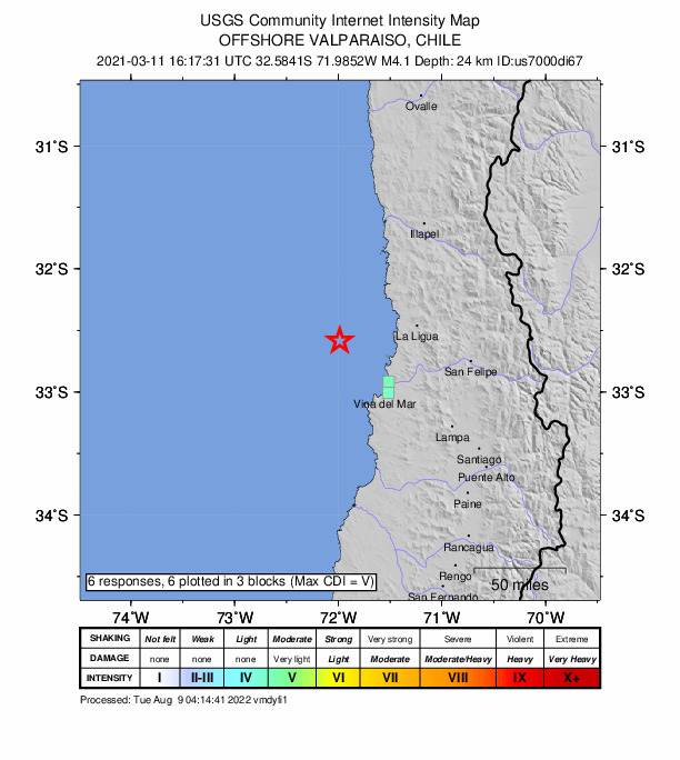 USGS DYFI community-reported intensity map for the M4.1 earthquake near Near the coast of Valparaiso, Chile