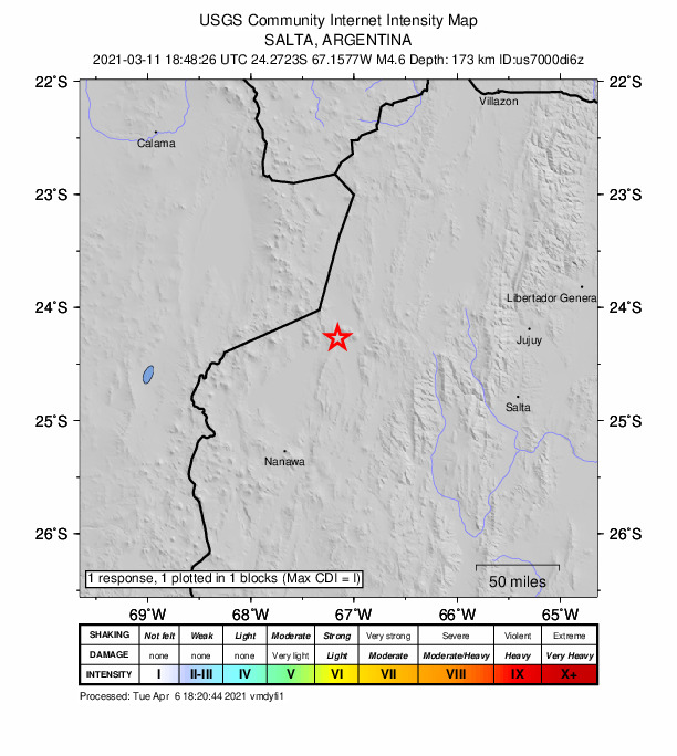 USGS DYFI community-reported intensity map for the M4.6 earthquake near 85 km W of San Antonio de los Cobres, Argentina