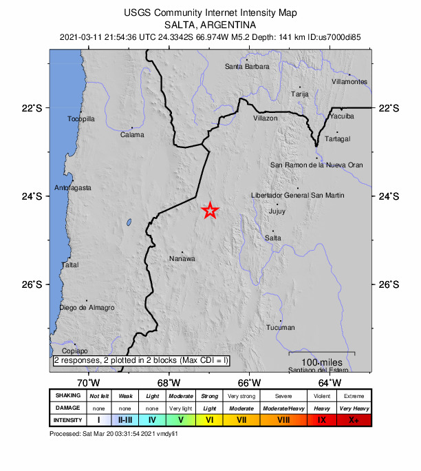 USGS DYFI community-reported intensity map for the M5.2 earthquake near 66 km W of San Antonio de los Cobres, Argentina