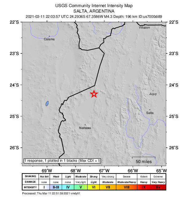 USGS DYFI community-reported intensity map for the M4.3 earthquake near 96 km W of San Antonio de los Cobres, Argentina