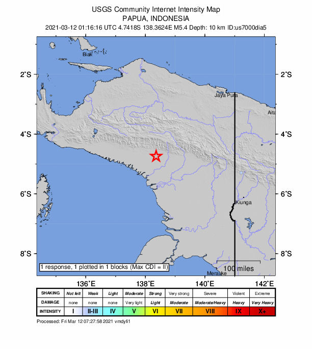 USGS DYFI community-reported intensity map for the M5.5 earthquake near Papua, Indonesia