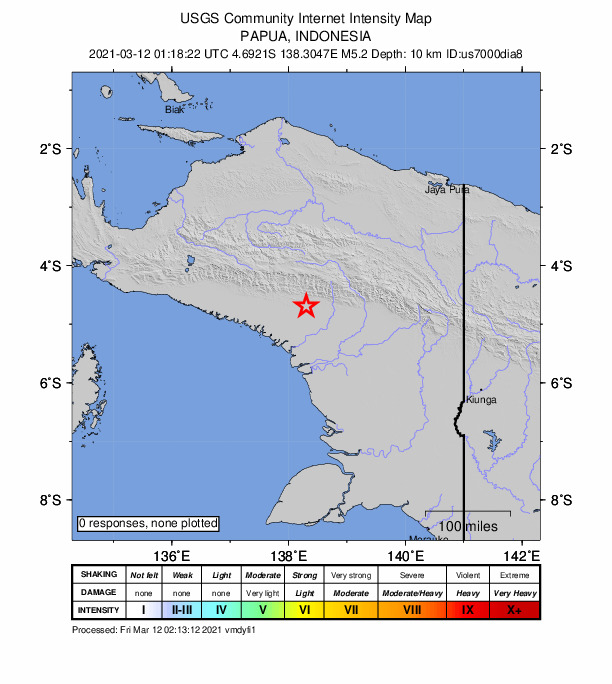 USGS DYFI community-reported intensity map for the M5.2 earthquake near Papua, Indonesia
