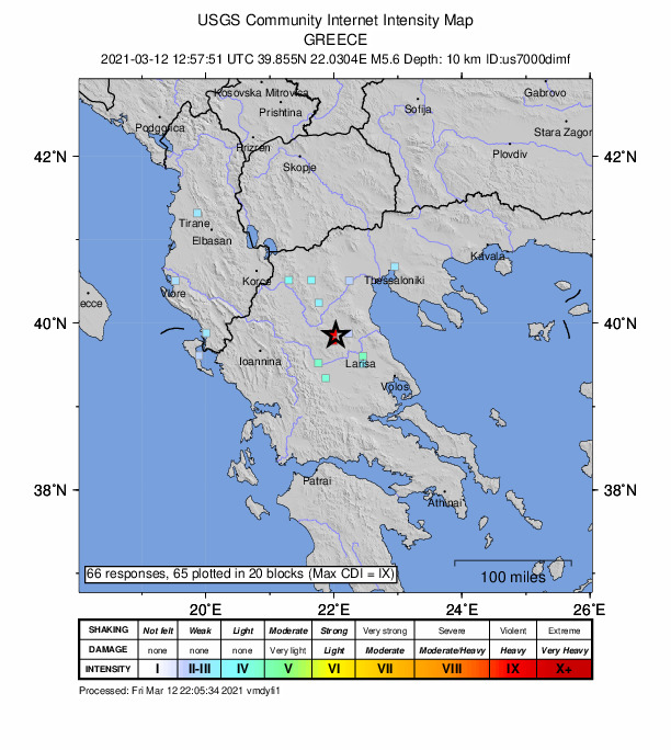 USGS DYFI community-reported intensity map for the M5.6 earthquake near 8 km W of Elassóna, Greece