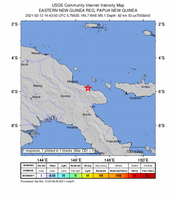 USGS DYFI community-reported intensity map for the M5.1 earthquake near 109 km ENE of Kainantu, Papua New Guinea