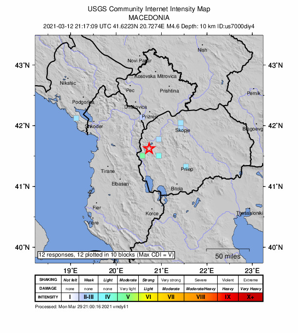 USGS DYFI community-reported intensity map for the M4.6 earthquake near 10 km E of Rostusa, North Macedonia