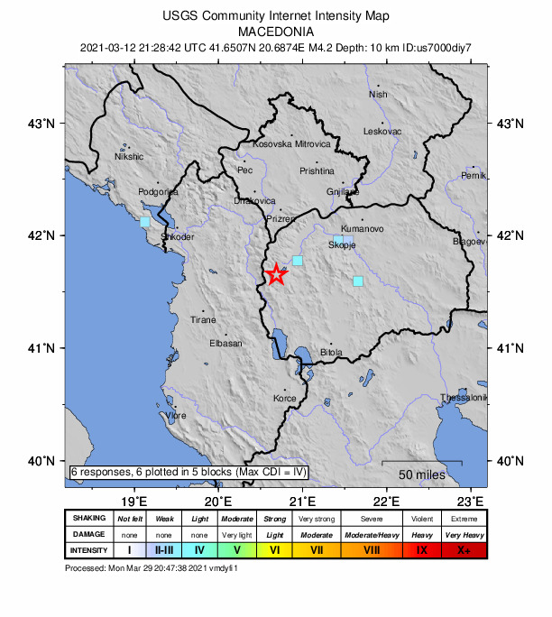 USGS DYFI community-reported intensity map for the M4.2 earthquake near 8 km ENE of Rostusa, North Macedonia