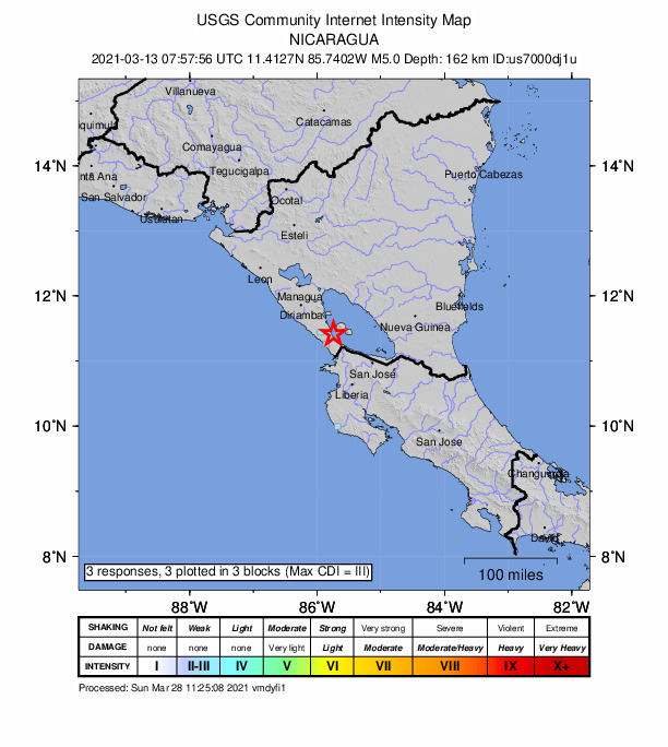 USGS DYFI community-reported intensity map for the M5.0 earthquake near 8 km SE of San Jorge, Nicaragua