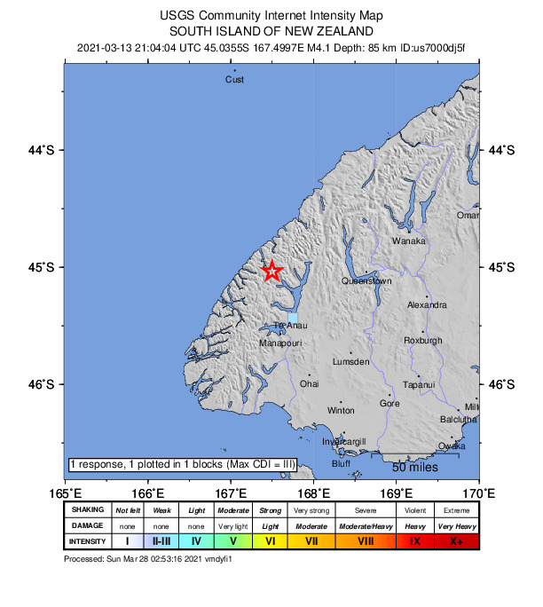 USGS DYFI community-reported intensity map for the M4.1 earthquake near 45 km NNW of Te Anau, New Zealand