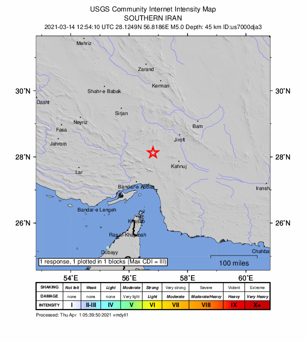 USGS DYFI community-reported intensity map for the M5.0 earthquake near 113 km NNW of M?n?b, Iran