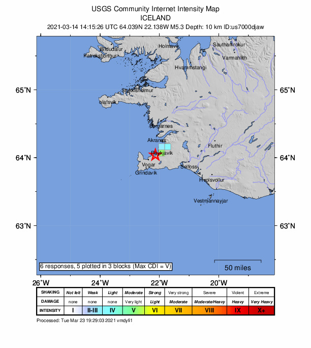 USGS DYFI community-reported intensity map for the M5.3 earthquake near 9 km SW of Álftanes, Iceland