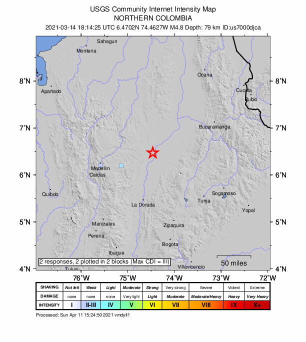 USGS DYFI community-reported intensity map for the M4.8 earthquake near 7 km WSW of Puerto Berrío, Colombia