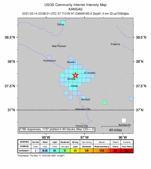 USGS DYFI community-reported intensity map for the M3.5 earthquake near 3 km NE of Eastborough, Kansas