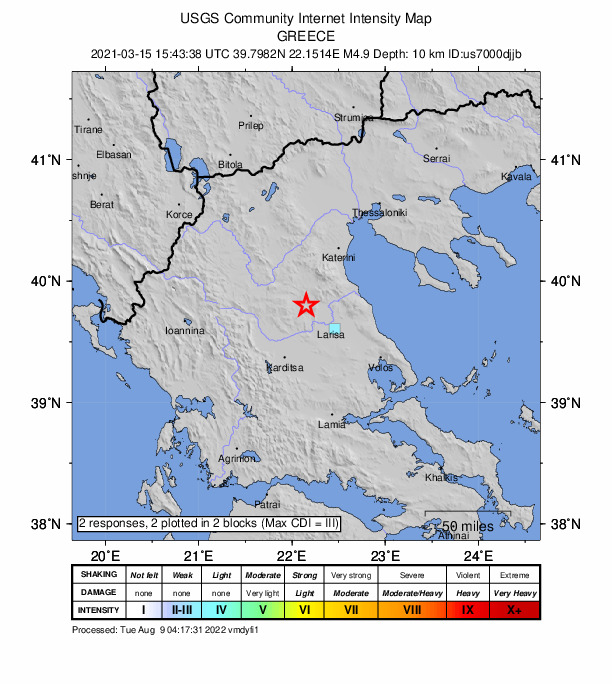 USGS DYFI community-reported intensity map for the M4.9 earthquake near 11 km SSW of Elassóna, Greece