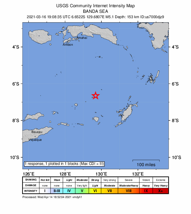USGS DYFI community-reported intensity map for the M5.1 earthquake near Banda Sea